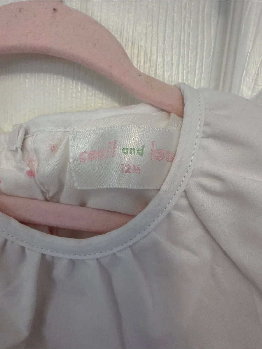 White Baby One-Piece with Pink Dot Trim and Scalloped Collar